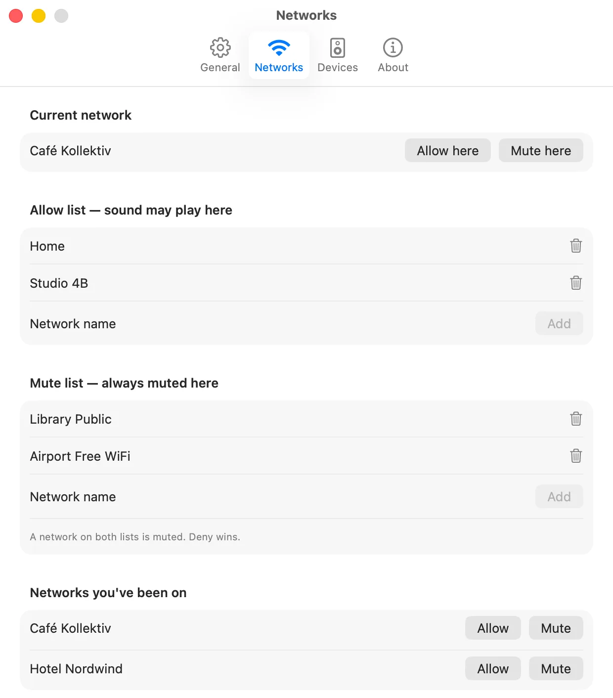 Mutify's Networks tab: an allow list holding Home and Studio 4B, a mute list holding Library Public and Airport Free WiFi, and the networks you've been on below.