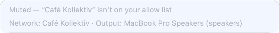 Mutify's status, reading “Muted — Café Kollektiv isn't on your allow list”, with the line “Network: Café Kollektiv · Output: MacBook Pro Speakers (speakers)” beneath it.